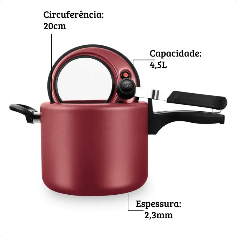 Panela De Pressão Antiaderente 4,5L, Visor de Vidro, Vermelho Cereja