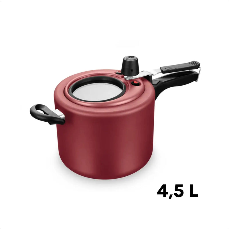 Panela De Pressão Antiaderente 4,5L, Visor de Vidro, Vermelho Cereja
