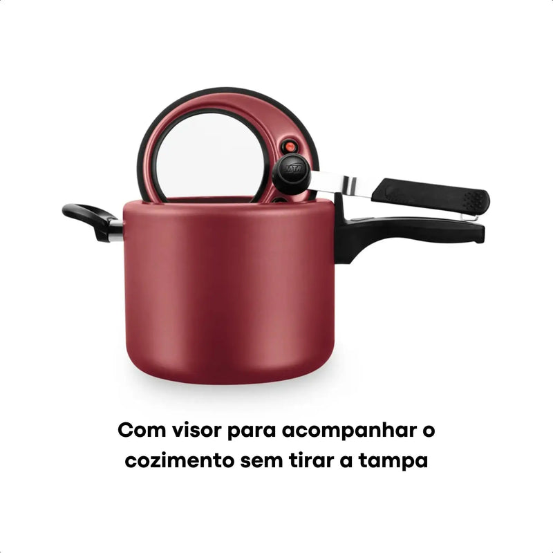 Panela De Pressão Antiaderente 4,5L, Visor de Vidro, Vermelho Cereja